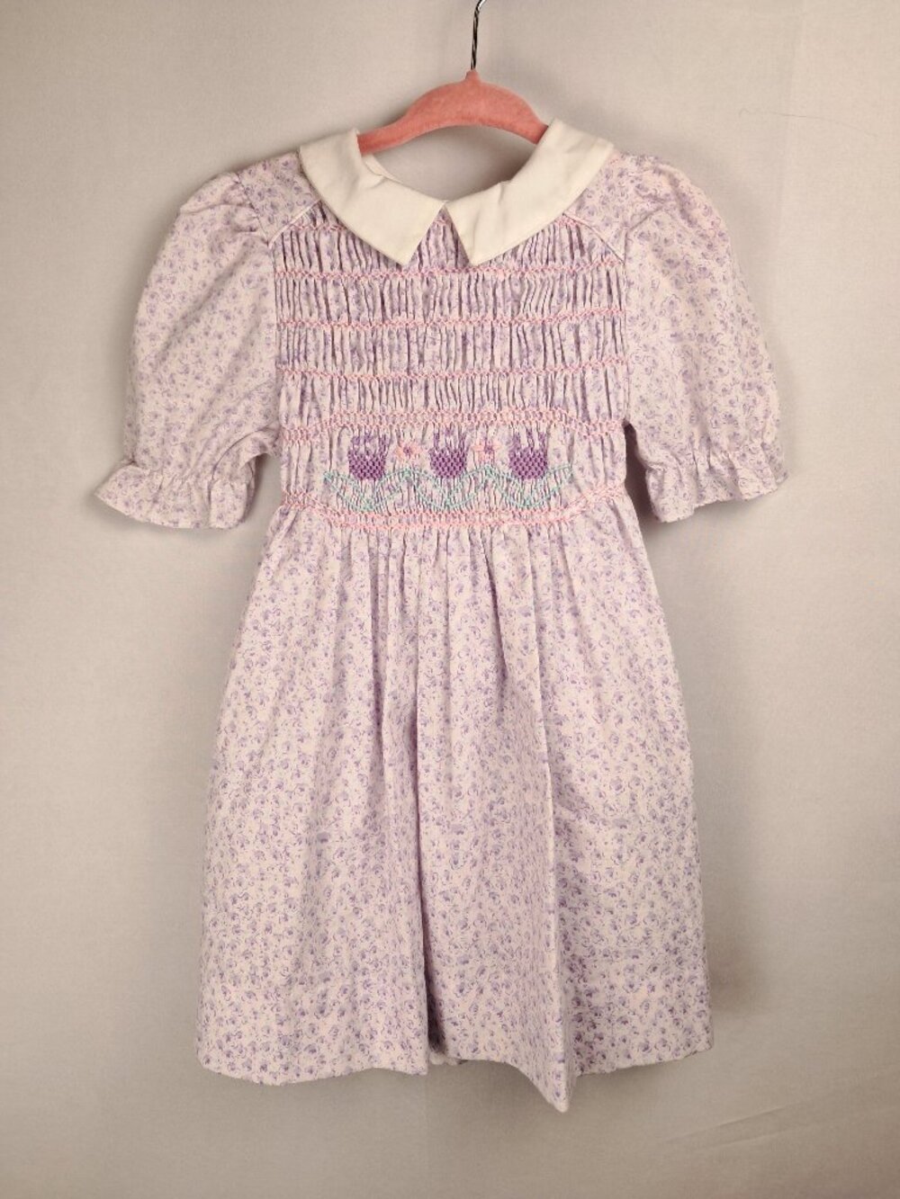 VTG Polly Flinders Girls Dress Size 4 Smocked Collared Dress Flower Pastel